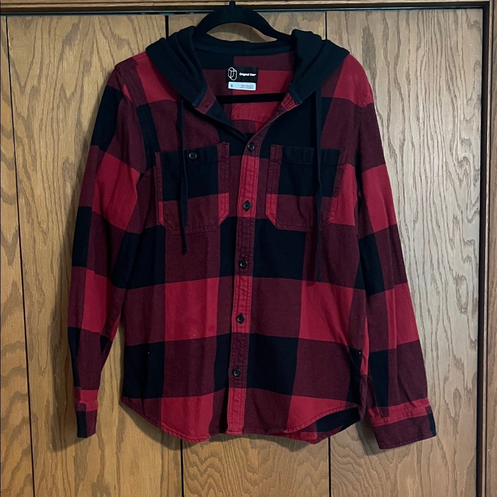 Original Use Red and Black Plaid Hoodie Shirt